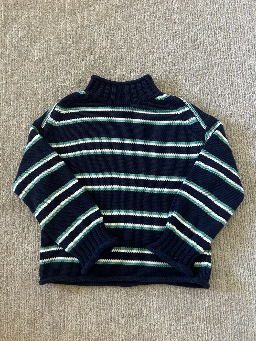 J Crew Rollneck Sweater Navy Aqua Multi Stripe